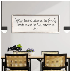 Bless the Food Before Us Sign Wall Decor 31.5"X12" Large Farmhouse Dining Room Wall Decor Framed Wood Rustic Home Wall Art Kitchen Decoration (White)
