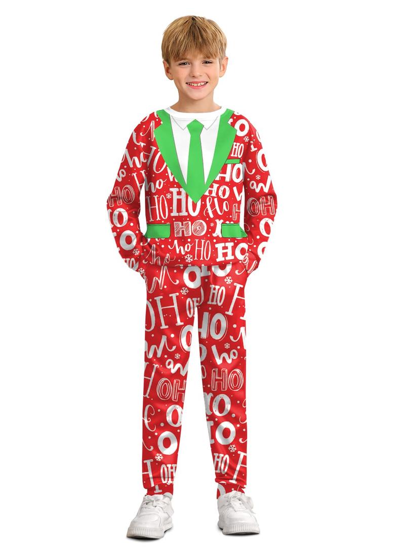 BesserBay Boys Christmas Ugly Outfit Ho Ho Ho Tie Red Crew Neck Sweatshirt Set with Pant Pocket 12 Years