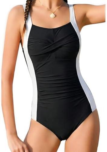 DAXIANG Girls One Piece Swimsuit Modest Ruched Color Block Bathing Suit Tween Adjustable Straps Padded Swimwear Size 16Y