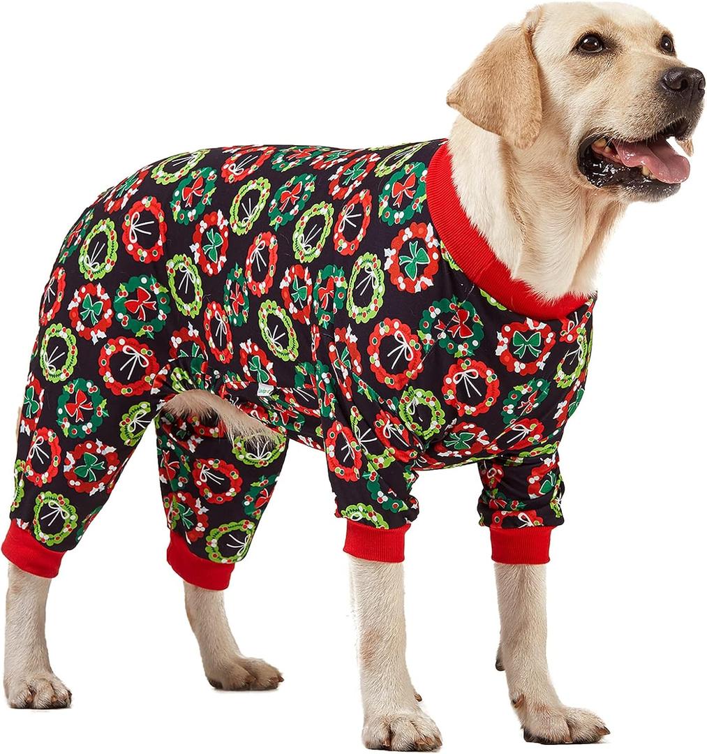 LovinPet Dog Christmas Onesies for Large Dogs, Xmas Holiday Dog Costume,Long Sleeve Lightweight Pullover, Joy Holiday Wreaths Black Prints, Pjs for Dogs, Pitbull Clothes, Christmas Outfit, Medium (Red)
