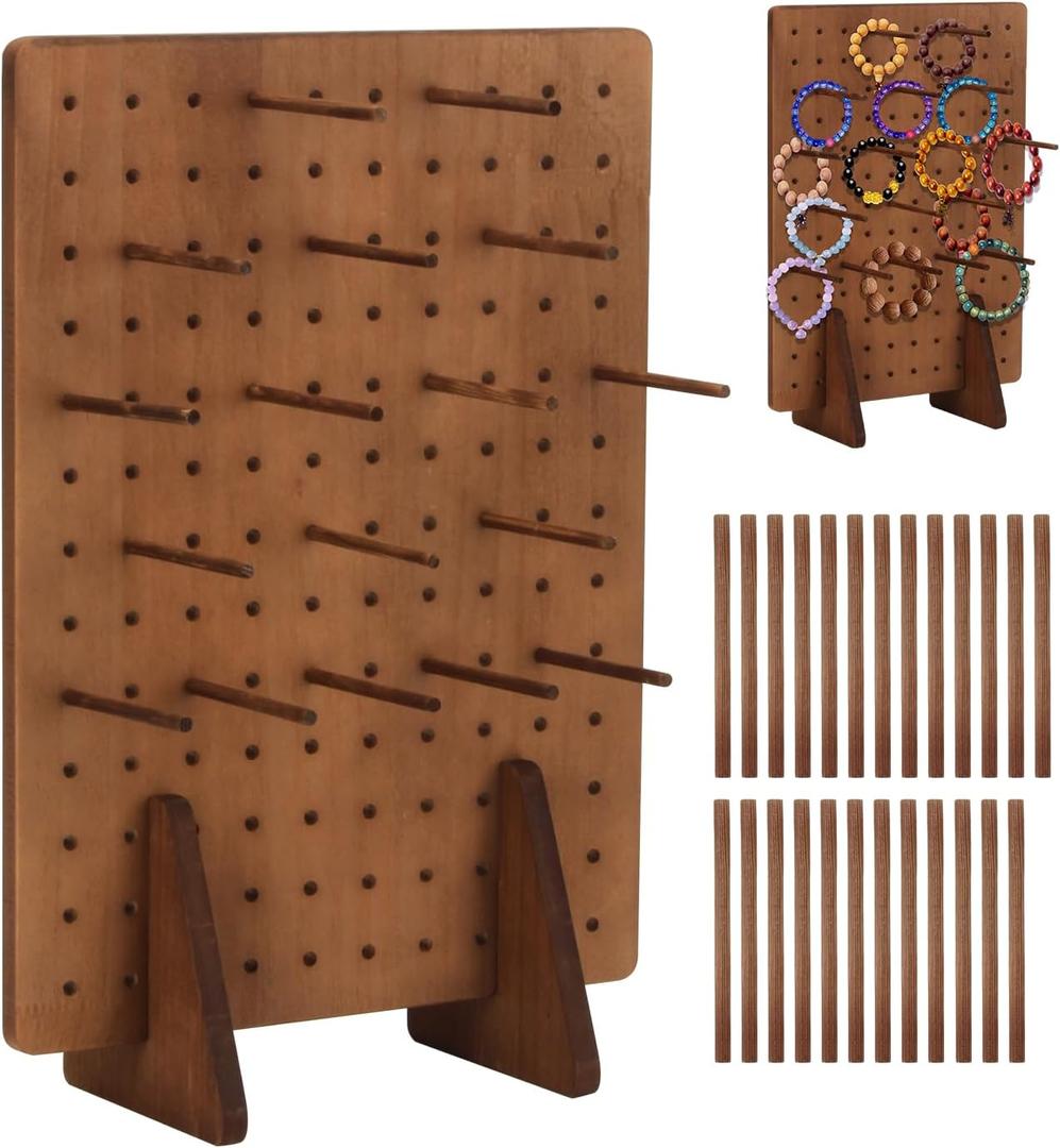 Rectangle Pegboard Display Stand with 25 Pcs Dowel Rods, Pegboard Accessories Rack, Keychain Jewelry Display Stand for Vendors, Pegboard Stand for Jewelry, Craft Shows, Necklace Pin, Earrings (Brown)