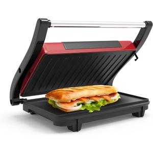Chef Buddy Gourmet (Red) Panini Press  Sandwich Maker with Nonstick Plates  Indoor Countertop Cooking Burgers, Steak, Grilled Cheese, 9.5" x 10.5" x 3