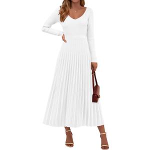 PRETTYGARDEN Women Sweater Dress Fall Fashion 2026 Long Sleeve V Neck Ribbed Knit Pleated A Line Elegant Maxi Winter Dresses (Medium, White)