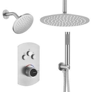 MONDAWE 12 Inch Ceiling Mounted Shower System in Brushed Nickel, 3-Function Shower Faucet Set with Rainfall Dual Shower Head and High Pressure Handheld Spray, All Function Can be Used At the Same Time