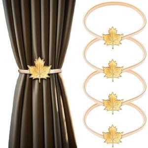 4 Pack Maple Leaf Curtain Tieback Buckle Aluminum Alloy Spring Design Curtain Holdback Carving Design Autumn Maple Leaf Curtain Ties for Drapes Curtain Ties Backs Modern Thanksgiving Fall Theme Decor
