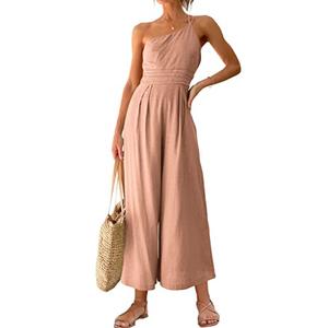 ANRABESS Women's Summer Straps One Shoulder High Waist Dressy Casual Wide Leg Linen Jumpsuit Romper Beach Travel Outfits Pink Large