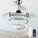 FRIXCHUR 42" Crystal Chandelier Ceiling Fans with Lights and Remote Dimmable Fandelier Retractable Crystal Ceiling Fans 3 Rings Invisible Blades Crystal Ceiling Fans for Bedroom Living Room 30W*2