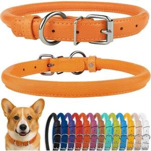 CollarDirect Rolled Leather Dog Collar, Soft Padded Round Puppy Collar, Handmade Genuine Leather Collar Cat Collars 13 Colors (13-16 Inch, Orange Textured)