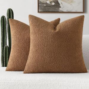 FUTEI Pack of 2 Tobacco Decorative Throw Pillow Covers 18x18 Inch Soft Cozy Solid Boucle Textured Cushion Case,Modern Home Decor for Couch Bed Living Room (18" x 18" (Pack of 2))