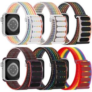 6 Pack Sport Nylon Loop Band Compatible with Apple Watch Bands for Women Men, Adjustable Breathable Braided Straps for iWatch Series 10/9/8/7/6/5/4/3/SE/Ultra (White Rainbow/Black Rainbow/Reflective Rainbow/Black White Rainbow/Rainbow/Plum Purple), Size: 38/40/41mm/42mm(Series 10)