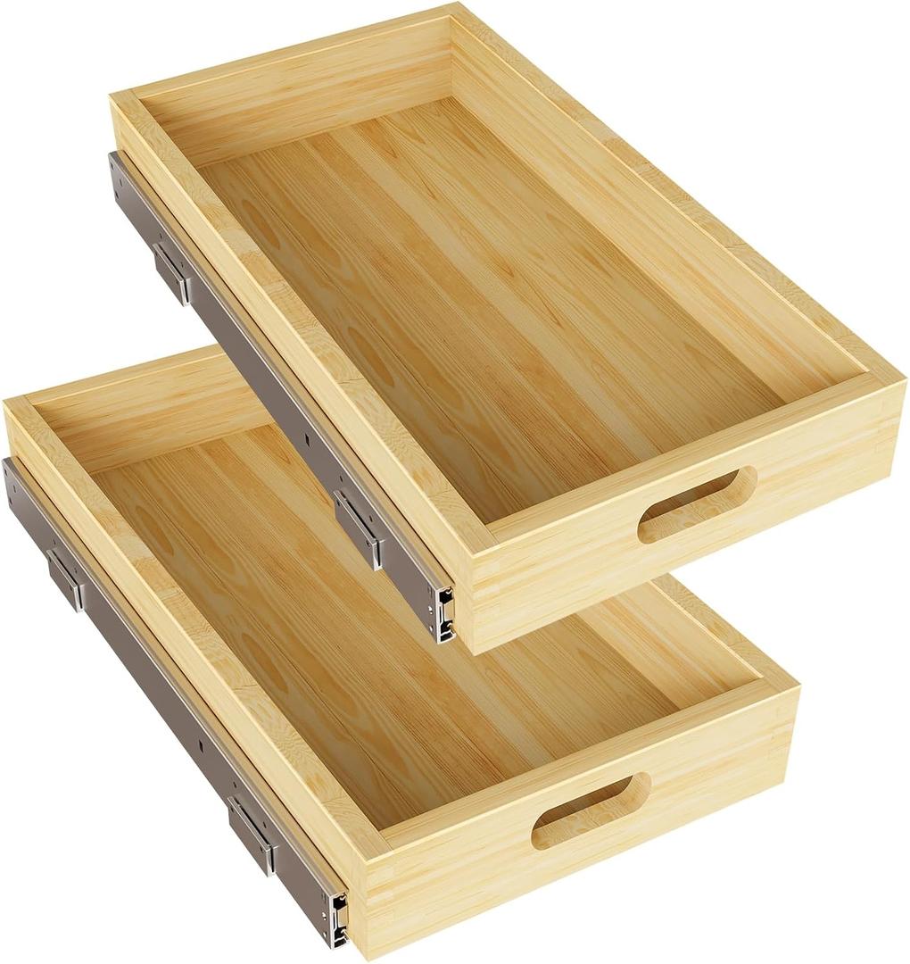 2 Set Pull Out Cabinet Organizer, Soft Close Slide Out Wood Drawer Storage Shelves for Kitchen, Base Cabinet Organization for Pantry, Finished, Heavy-Duty, Bottom Assembly (12 W x 21 D)
