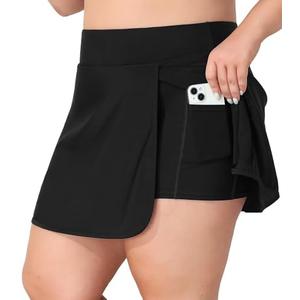 ANFILIA Women Plus Size Swim Skirt Tummy Control Split Swimsuit Bottom High Waisted Swim Suit Skirt with Pockets, 3X, Black