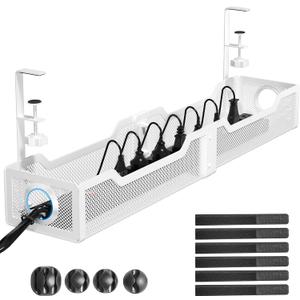 [Upgraded] Extra Large Under Desk Cable Management, Cinati 25" Wire Organizers No Drill, Cable Tray with Clamp for Wire Management, Cord Organization Box for Office, Home - No Damage to Desk(White) (25"-1 Pack)