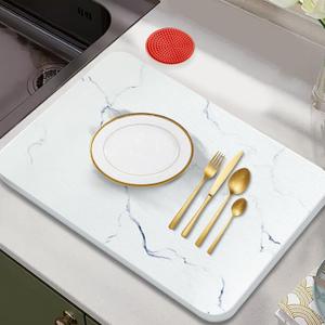 Stone Dish Drying Mat, Fast Drying Stone Mat for Kitchen Counter, Absorbent, Heat Resistant Diatomaceous Earth Dish Mat for Tableware with Silicone Cup Mat, Non-Slip Pad, 15.7"x11.8" White Marble