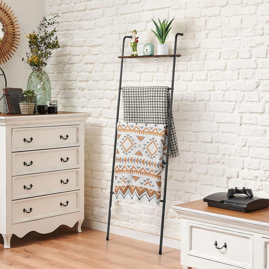 Blanket Ladder Holder for Living Room Farmhouse Decorative Ladder Holder with Storage Shelf, Wall Leaning Quilt Towel Rack for Bathroom, Bedroom, Rustic Home Decor, Black