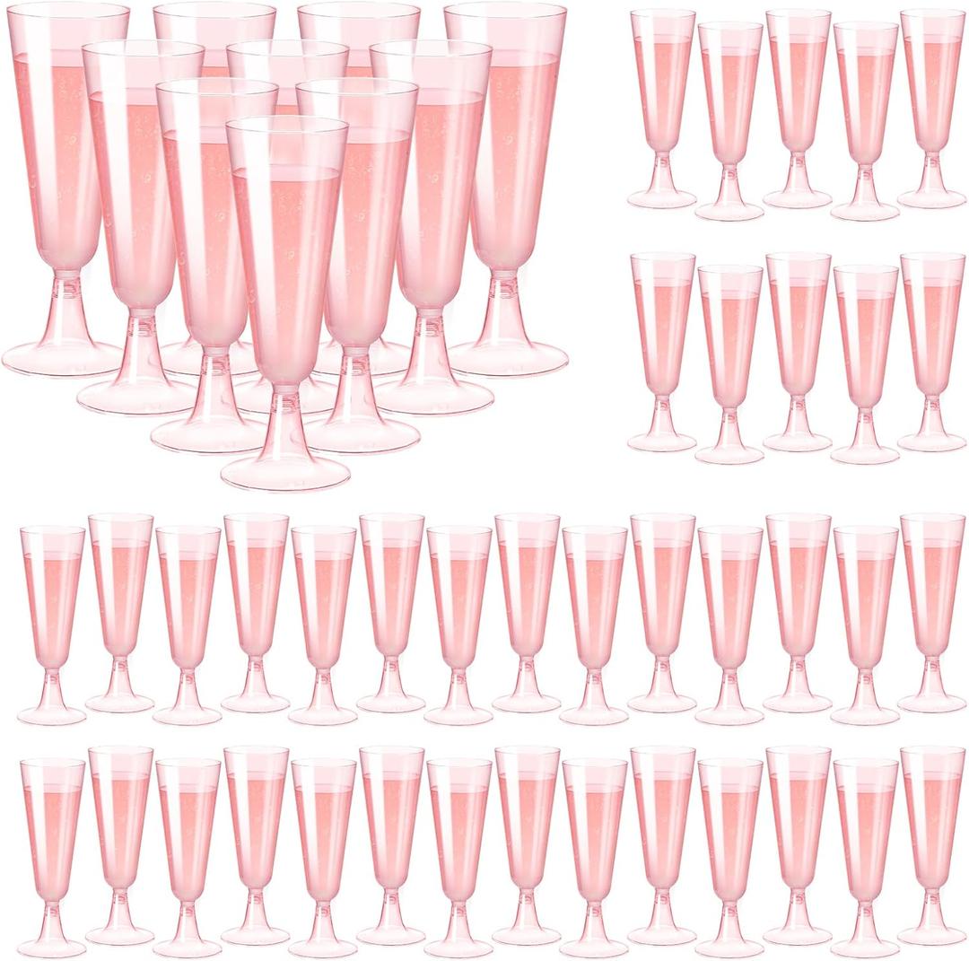 SUREHOME Pink Champagne Flutes Plastic Champagne Glasses Disposable Mimosa Glasses 40 Pack 5.5 Oz Clear Acrylic Stemware Cocktail Cups Bulk for Valentines Wedding Toasting Engagement Party Supplies (40 Count (Pack of 1))