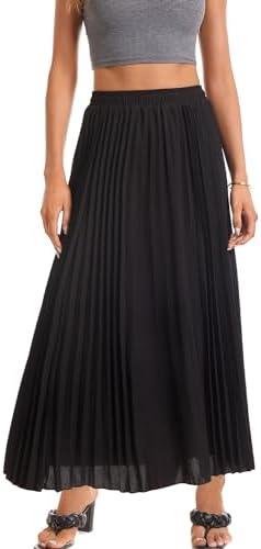 TEERFU Womens Elastic High Waist Long Pleated Skirt Tiered Boho Swing A line Beach Maxi Skirt, M