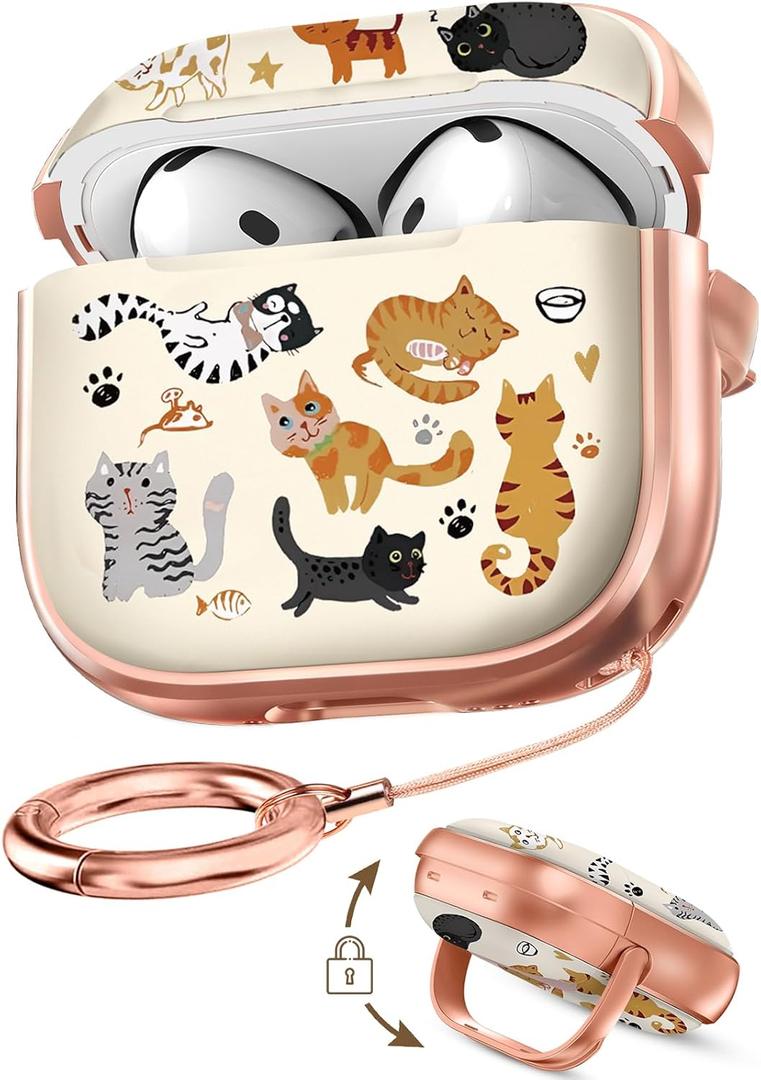 for AirPods 4 Case with Safety Lock - Cute Cartoon for Women Girls Fashion Stylish Cats Pattern Design Kawaii Girly Girlish Hard Protective Cover for AirPods 4th Generation 2024