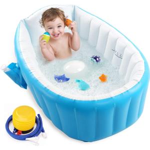 Baby Inflatable Bathtub, Portable Infant Toddler Bathing Tub Non Slip Travel Bathtub Mini Air Swimming Pool Kids Thick Foldable Shower Basin with Air Pump, Blue