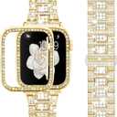 SUPOIX Compatible with Apple Watch Band 45mm + Case, Luxury Shiny Diamond Replacement Metal Strap for Women & Soft TPU Bumper Protective Case for iWatch Series 9 8 7(45mm, Gold)