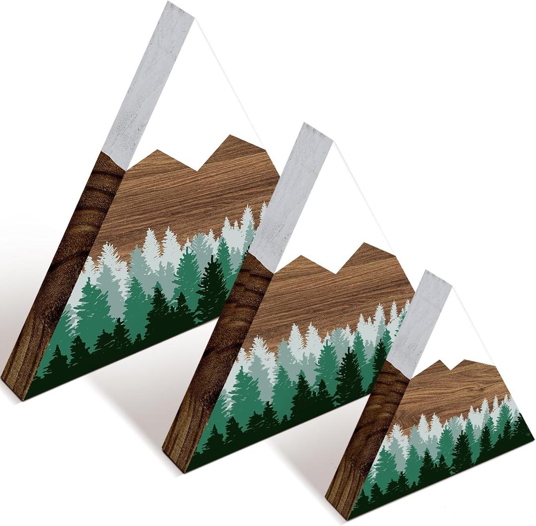 Maitys 3 Pcs 3 Size Mountain Shelf Decor Mountain Wooden Sign Farmhouse Wood Forest Sign Woodland Nursery Decor Travel Adventure Table Centerpiece for Home Farmhouse(Green)
