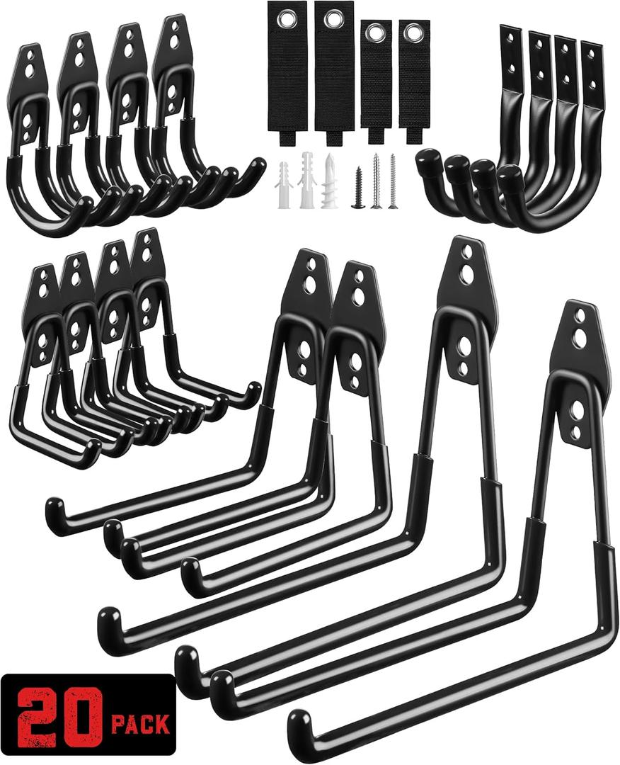LANDNEOO Garage Hooks, 20-Pack Steel Garage Accessories for Organization and Storage, Heavy Wall Mount Duty Hooks with Anti-Slip Coating for Hanging Ladder, Bike, Power Tools and More Tools, Black