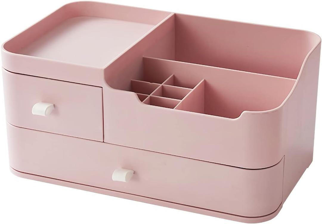 LtyTz Makeup Desk Cosmetic Storage Box Organizer with Drawers for Brushes, Eyeshadow, Lotions, Lipstick and Nail Polish, Ideal for Dresser,Bathroom Vanity (Pink)