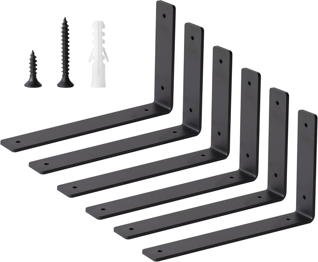 Heavy Duty Shelf Brackets Floating L Shelf Bracket, Brackets for Shelves, L 10" x H 6" x W1.5 Wall Shelf Brackets for DIY, Suitable for Study, Kitchen, Living Room, Bathroom (Black, 6 Pack)