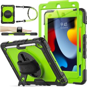 SEYMAC stock Case for iPad 9th/ 8th/ 7th Generation 10.2'', Shockproof with Screen Protector, Pencil Holder [360 Rotating Hand Strap] & Stand, for iPad 10.2 inch 2021-2019 (Green+Black)