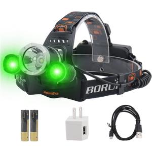 BORUIT RJ-3000 LED Green Headlamp,3 Modes White and Green LED Hunting Headlight,Super Bright USB Rechargeable Tactical Head lamp for Fishing Running Camping Hiking