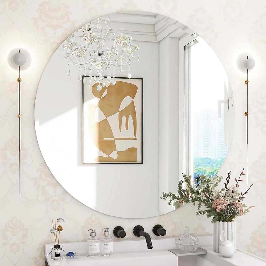 36-Inch Round Bathroom Mirror, Frameless Tempered Glass Wall Mirror