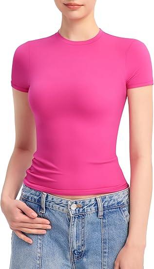 PUMIEY Women's Crew Neck Short Sleeve Tops Double Lined Slim Fit T Shirts Basic Tee Smoke Cloud Pro Collection, XS, Pink