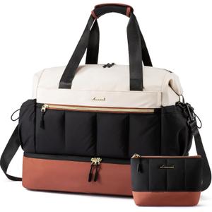 LOVEVOOK Travel Duffel Bag, Weekender Bags for Women, Large Overnight Bags with Shoe Compartment, 38L Carry on Gym Hospital Bag with Wet Pocket, 2 Pcs (Beige-Black-Brown)