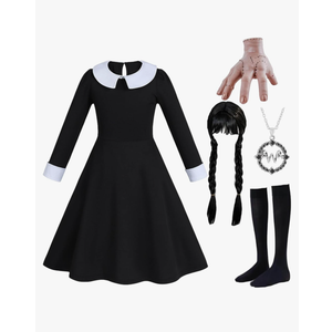 5pcs Girls Halloween Costume Girls Black Dress Long Sleeve with Wig Necklace Sock, L 