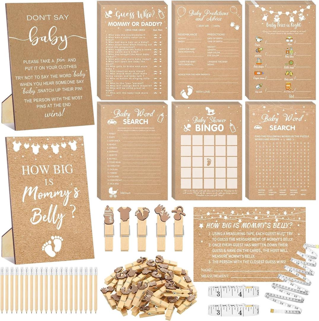 426 Pcs Kraft Baby Shower Games Set-8 Games, Includes Baby Shower Bingo, Price is Right, Guess Who, Word Scramble, Prediction and Advice, How Big is Mommy's Belly, Don't Say The Words (Brown)
