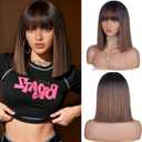 Elvirgel Bob Wigs with Bangs for Black Women Natural Looking Ombre Brown Wig Shoulder-Length Synthetic Heat Resistant Wigs for Daily Party Costume Halloween