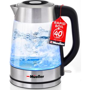 Mueller RapidBoil Electric Kettle 1.8L  Borosilicate Glass & Stainless Steel  BPA-Free Tea Kettle, LED Light, Auto Shut-Off, Boil Dry Protection Water Heater  Fast Heating, Kitchen Essentials
