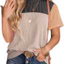 BLENCOT Women Tops Color Block Crewneck Casual Oversized Tshirts Knit Summer Tees Blouse S-2XL (Medium, Black Khaki)
