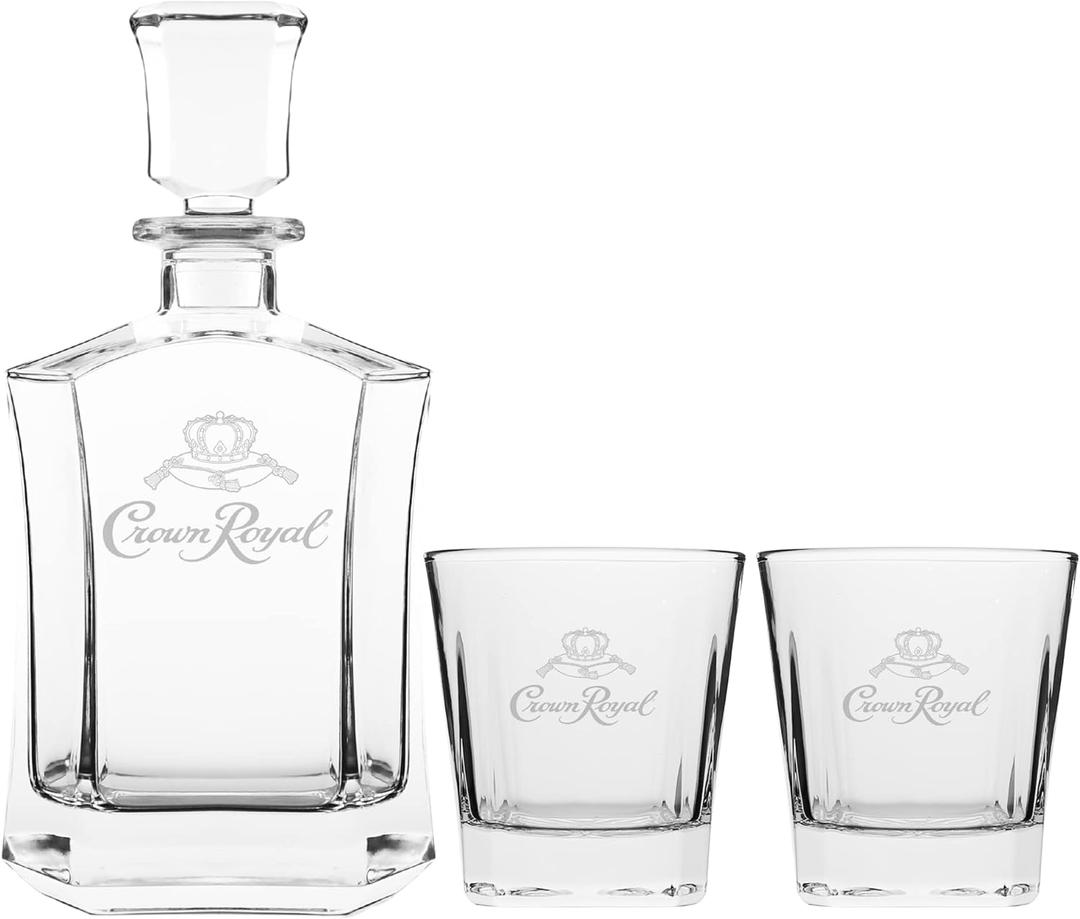 Crown Royal Whiskey Decanter with 2 Drinking Glasses | Whisky Decanter Set for Men and Women | Compatible (Clear)