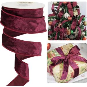 HUIHUANG Burgundy Velvet Wired Ribbon 1-1/2", Christmas Velvet Ribbon for Gift Wrapping, Christmas Tree, Bows, Wreaths, Garland, Wedding Decor, Home Decor, Crafts-Continuous 10 Yards/Roll