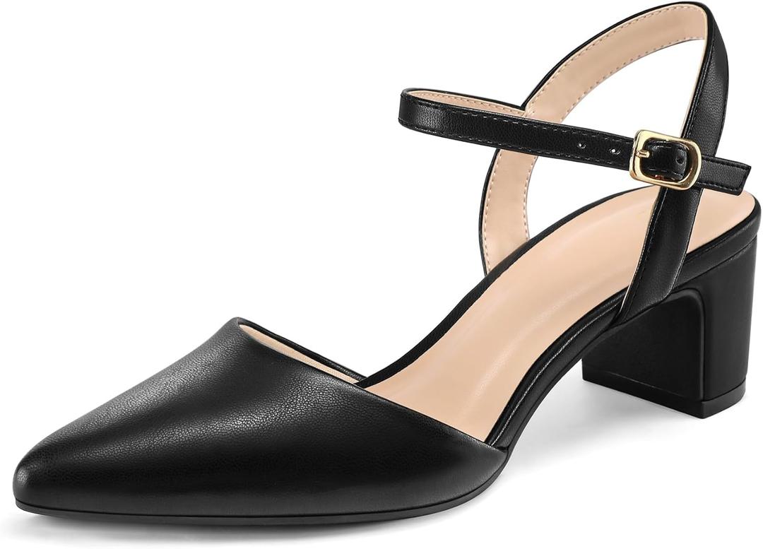 mysoft Women's Pumps 2 Inch Chunky Block Heel Pointed Toe Ankle Strap Slingback Wedding Party Dress Shoes (7), Black