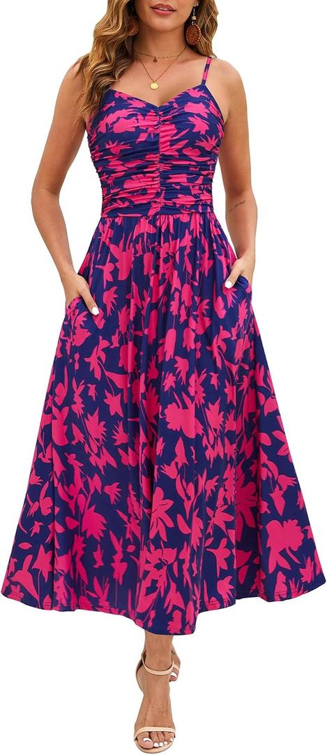 Annebouti Women 2026 Summer Spring Ruched Maxi Dress Adjustable Spaghetti Strap Floral Beach Long Sundress with Pockets (Blue, S)