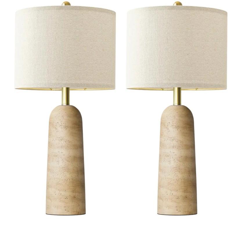 BOBOMOMO 27.25" Modern Table Lamp Set of 2, Warm Beige Resin Lamp with Natural Stone Look, Lamps for Living Room with Linen Shades, Bedside Lamp for Bedroom, Living Room, Nightstand, Entryway
