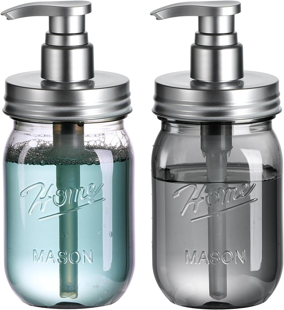 Amolliar Plastic Mason Jar Soap Dispenser with Pump Lid,16OZ Refillable Hand Soap Dispenser Set with Cute Lables - Farmhouse Decor for Kitchen Bathroom, Liquid Soap, Dish Soap, Lotion (2 Pack, Silver)