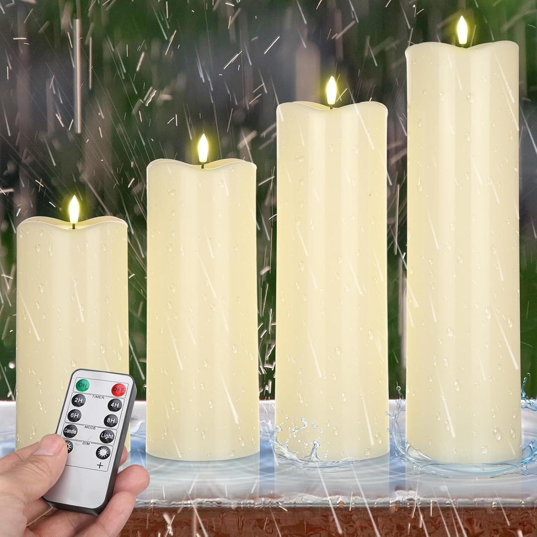 Rossesay 8" 10" 12" 14" x 4" Large Waterproof Outdoor Flameless Candles, 4 Pcs LED Pillar Candles with Remote and Timers Battery Operated Jumbo Flickering for Home Patio Porch Church Indoor Lanterns