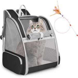 Cat Backpack Carrier, Pet Carrier Backpack with Kitten Wand Feather Toy for Medium Small Dog Cat Puppy Kitty Bunny up to 15lbs, Large Ventilated Mesh Cat Bookbag for Travel Walking Outdoor Use (Black) 12.6"x11.4"x16.5"