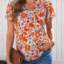 5 x SHEWIN Women's Casual V Neck Floral Print Smocked Short Sleeve Chiffon Blouses Bohemian Top Shirts