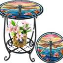 Outdoor Side Table Round Small Mosaic Patio Accent Indoor End Plant Metal Coffee Tea Table for Yard Porch Garden Patio Living Room, Bedroom(Dragonfly Style,14 Inch)