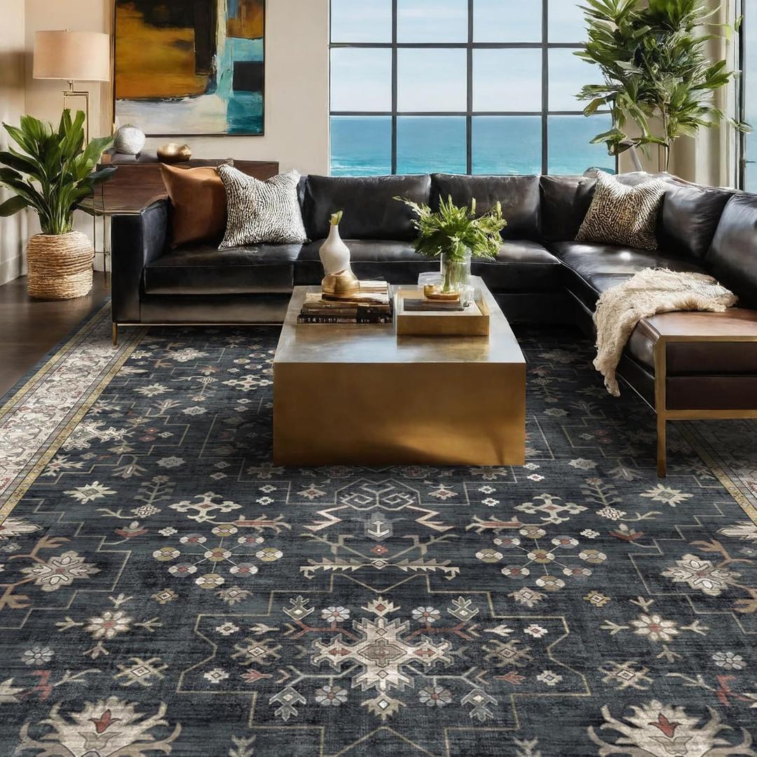 Black Farmhouse Washable 8x10 Area Rugs for Living Room Bedroom, Dark Charcoal Tumble Dining Room Kitchen Table Rug for Under Table, Office, Stain Resistant Non-Slip Large Washable (8x10 Black/Multi) (8' x 10' (Rectangular), Ashen / Multi)