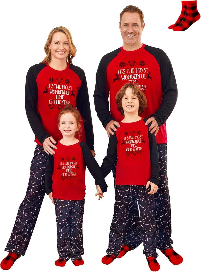 PATPAT Family Christmas Pajamas Matching Sets, Matching Christmas Pajamas for Family, Red Candy Cane Holiday Sleepwear Funny Letter Print PJs including Socks 4-5Y